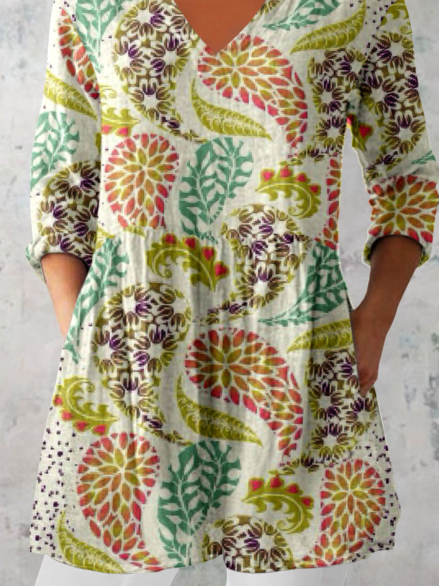 Women's Elegant Floral Pattern Cotton and Linen Top