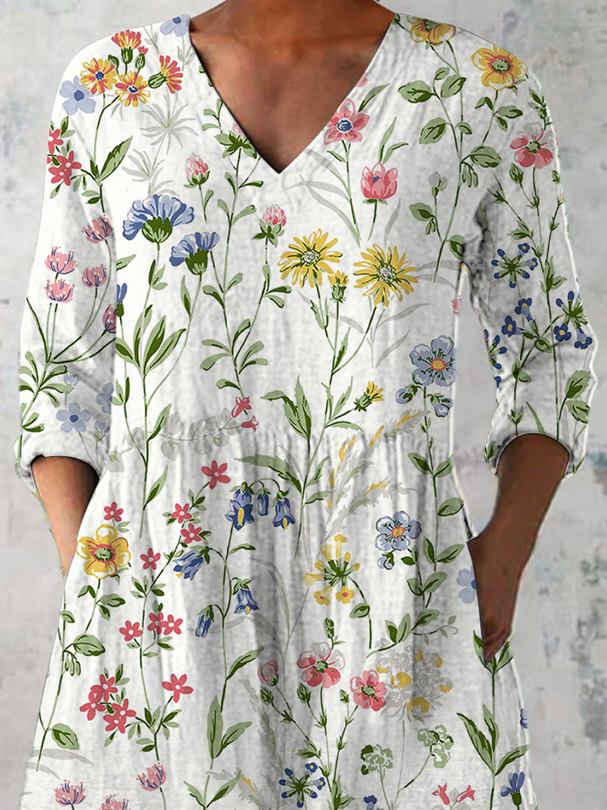Wild Spring Floral Pattern Printed Women's Casual Linen V-Neck Shirt