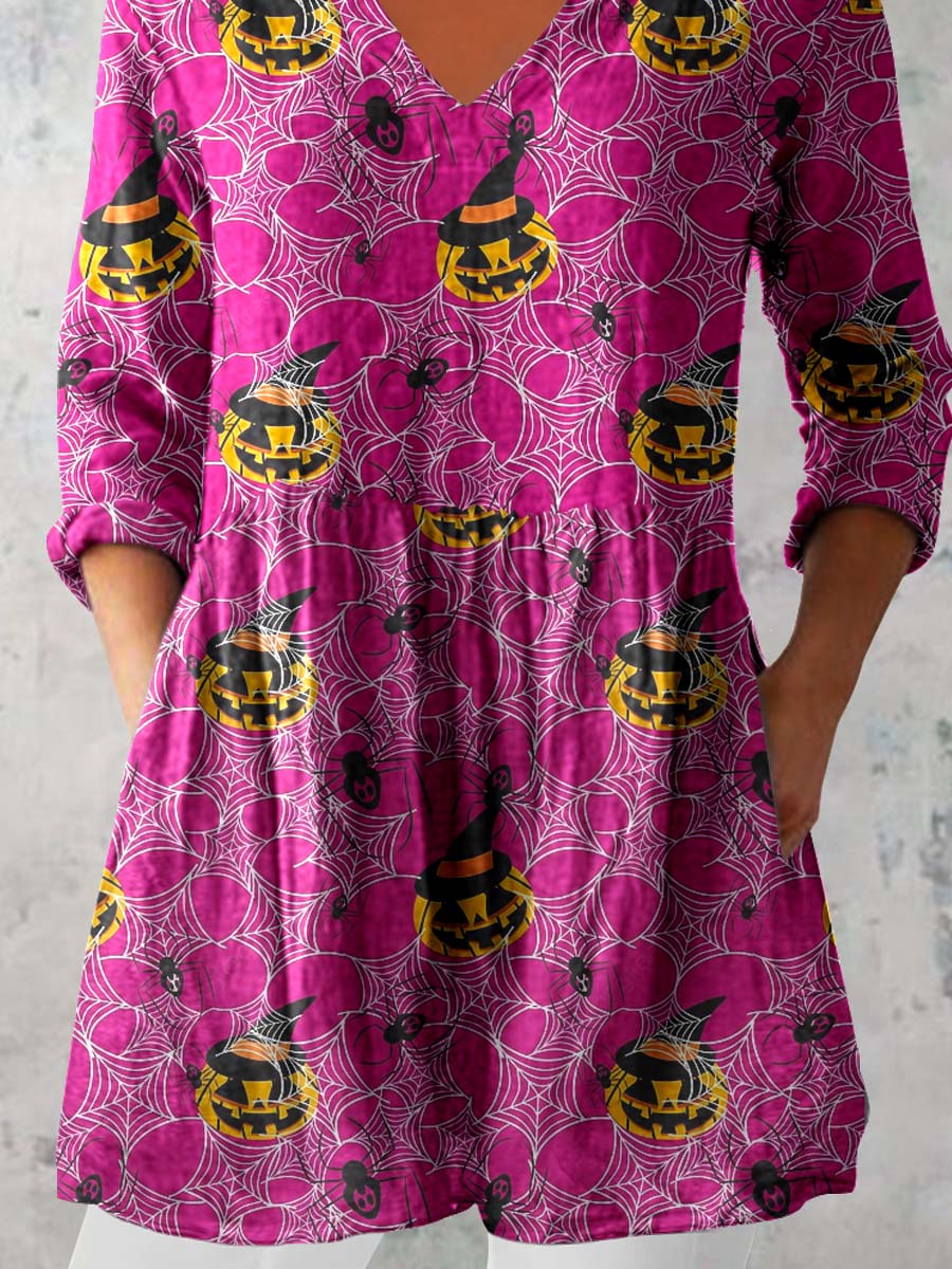 Women's Halloween Ghost Pattern Print V-Neck Cotton and Linen Top