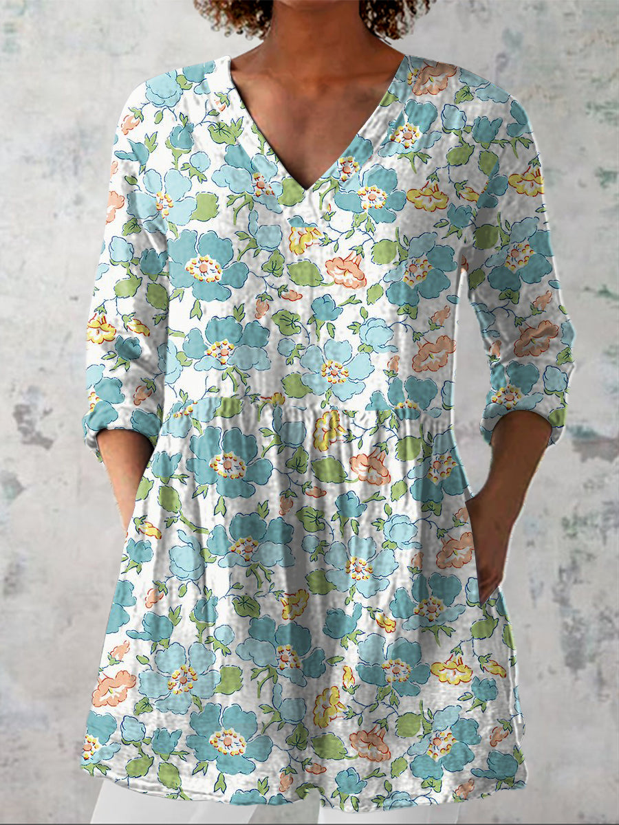 Women's Country Style Flowers Art Print Casual Linen V-neck Shirt