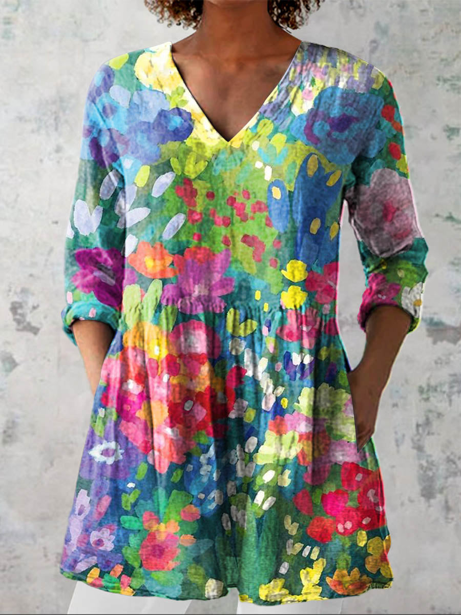 Women's Vintage Floral Art Print Casual Cotton Linen V-neck Shirt