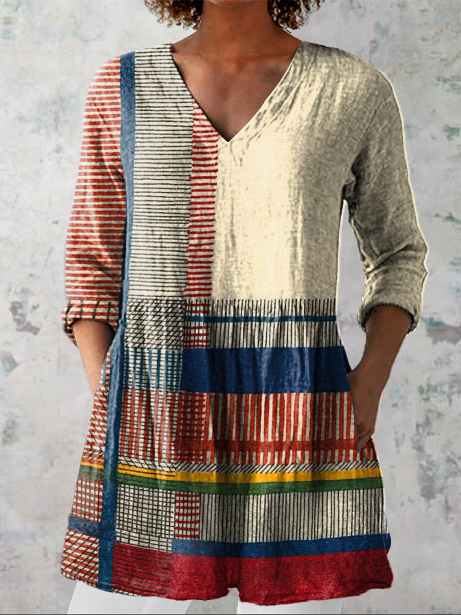 Women's Abstract Geometric Pattern Art Print Casual Cotton Linen V-neck Shirt