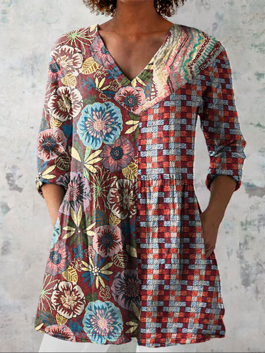 Women's Vintage Flower Art Print Casual Linen V-neck Shirt