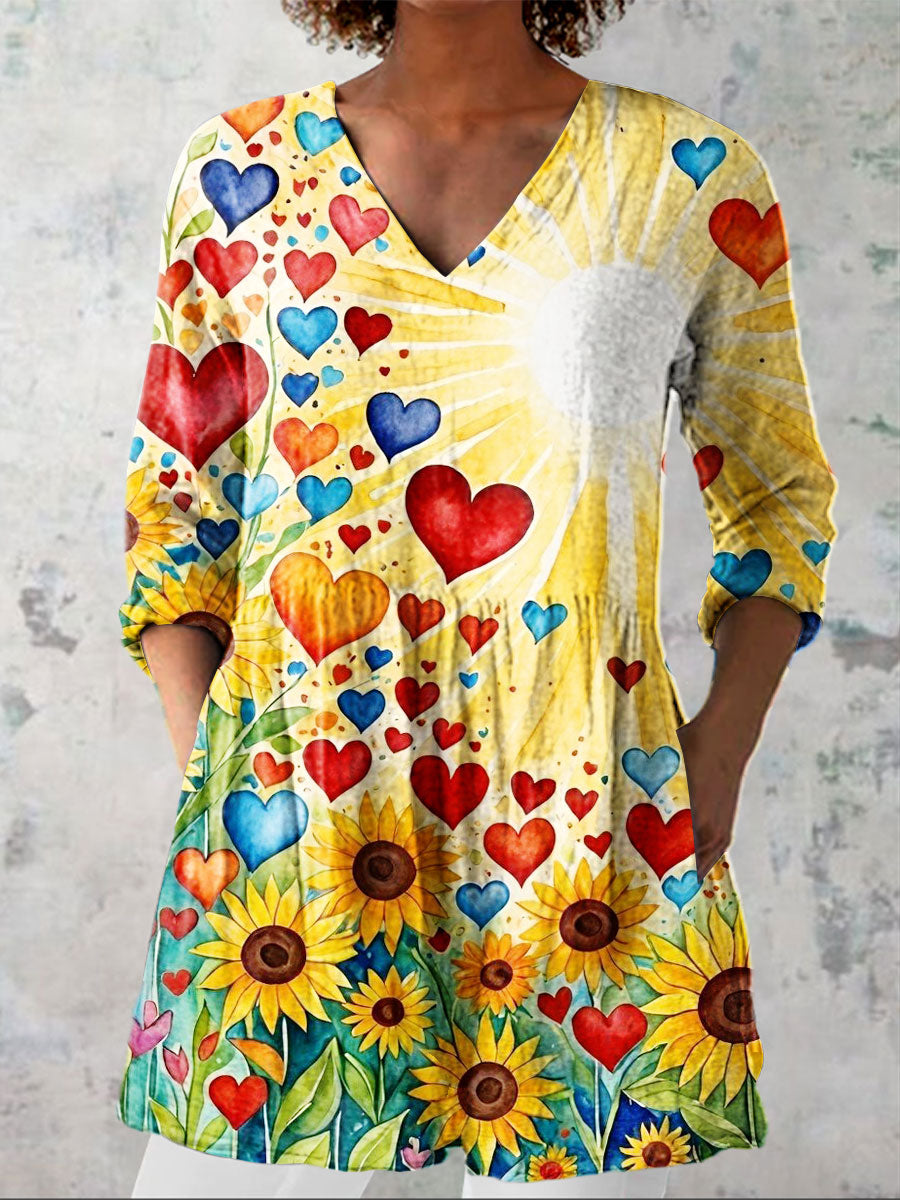 Women's Vintage Flowers Sunflower Love Heart Art Print Casual Linen V-neck Shirt