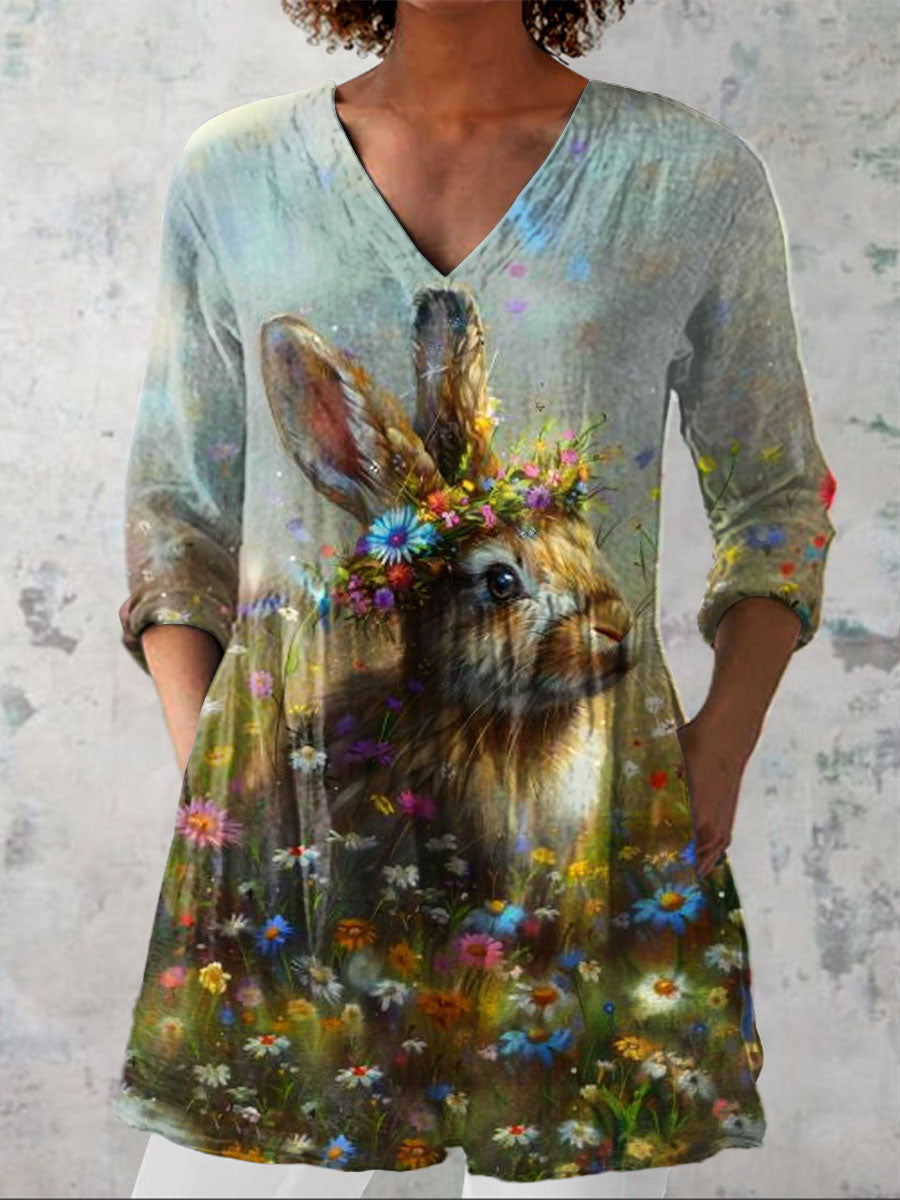 Women's Vintage Easter Bunny Art Print Casual Linen V-neck Shirt