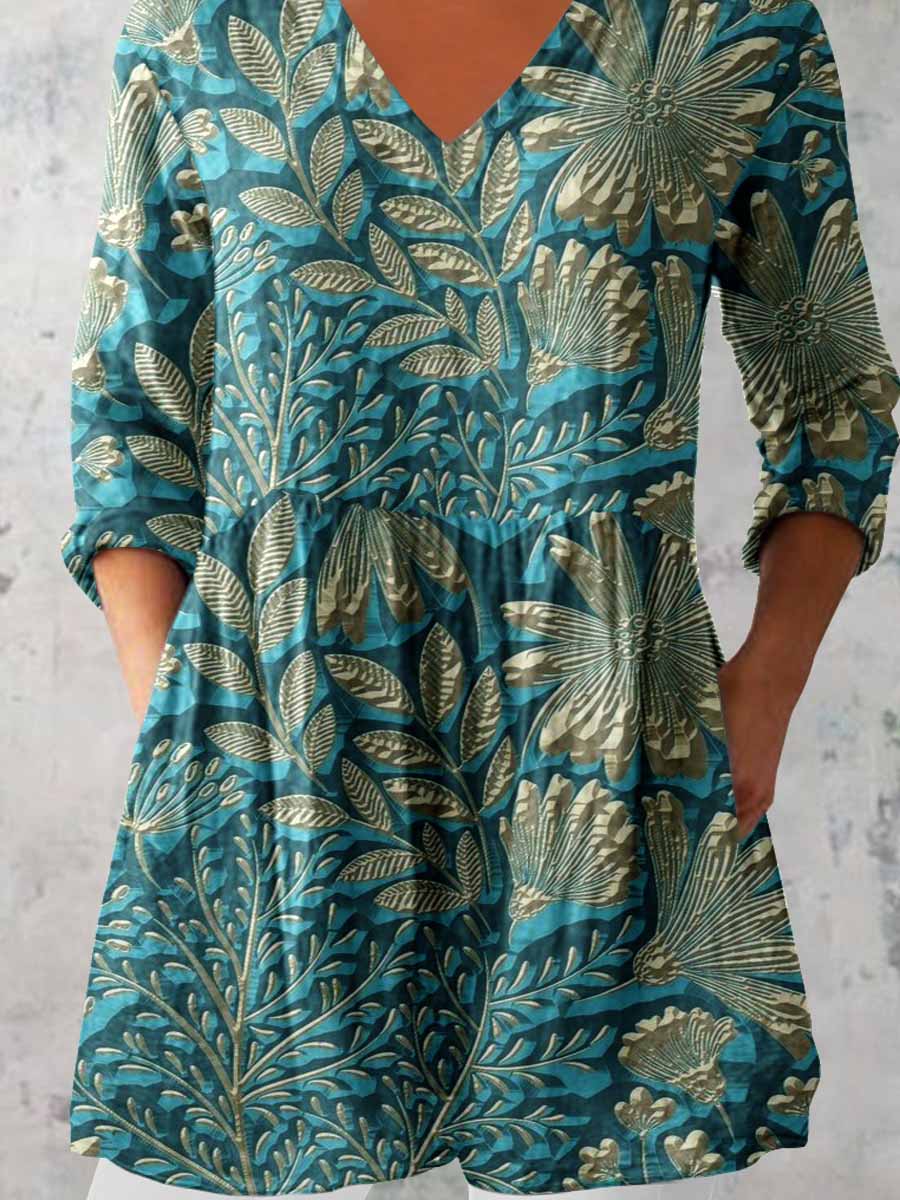 Women's Elegant Floral Pattern Cotton and Linen Top