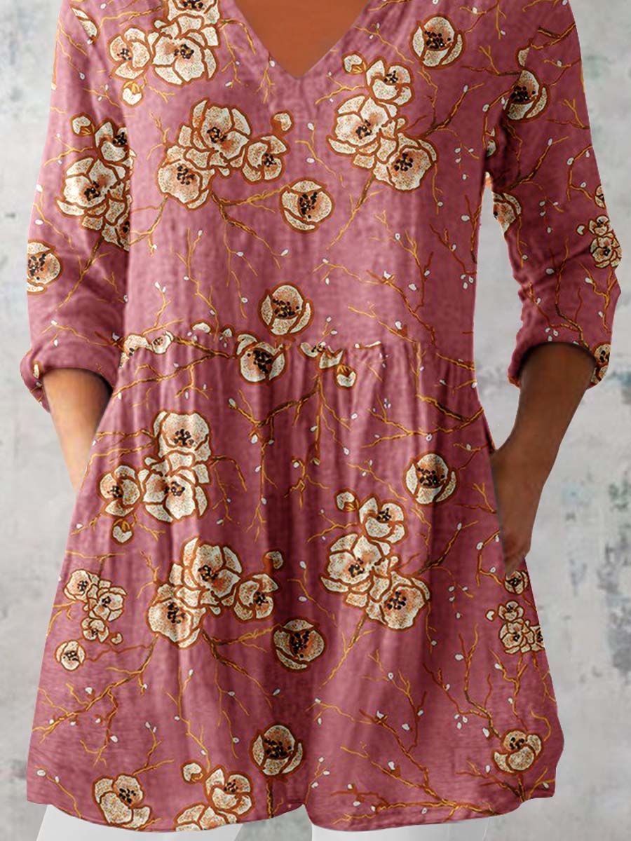 Women's Elegant Floral Print Pattern Cotton and Linen Top