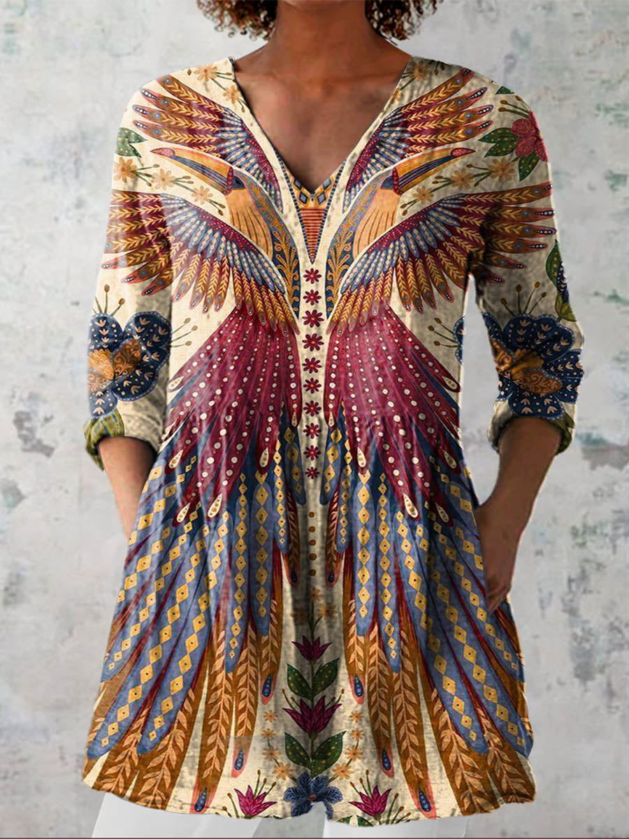 Women's Vintage Lovely Floral Birds Art Print Casual Linen V-neck Shirt