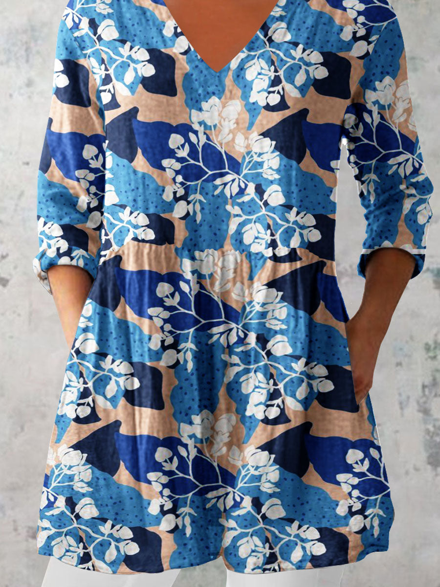 Women's Elegant Floral Pattern Cotton and Linen Top