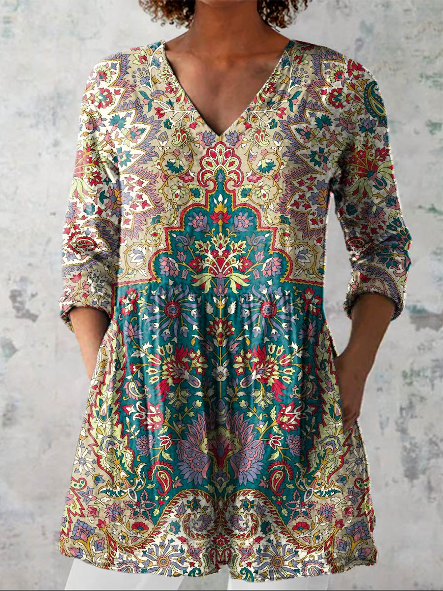 Women's Vintage Lovely Floral Art Print Casual Linen V-neck Shirt