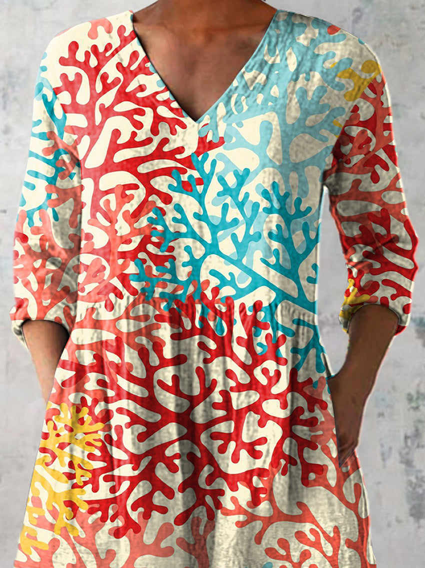 Vibrant Coral Reef Pattern Printed Women's Casual Linen V-Neck Shirt