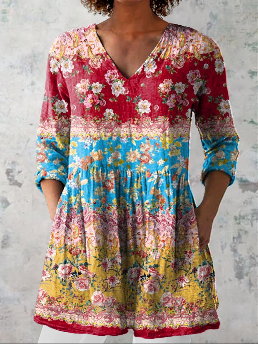 Women's Vintage Lovely Floral Art Print Casual Linen V-neck Shirt