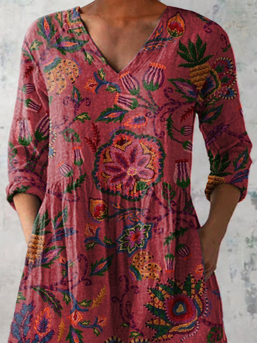 Summer Tropical Botanic Pattern Printed Women's Casual Linen V-Neck Shirt