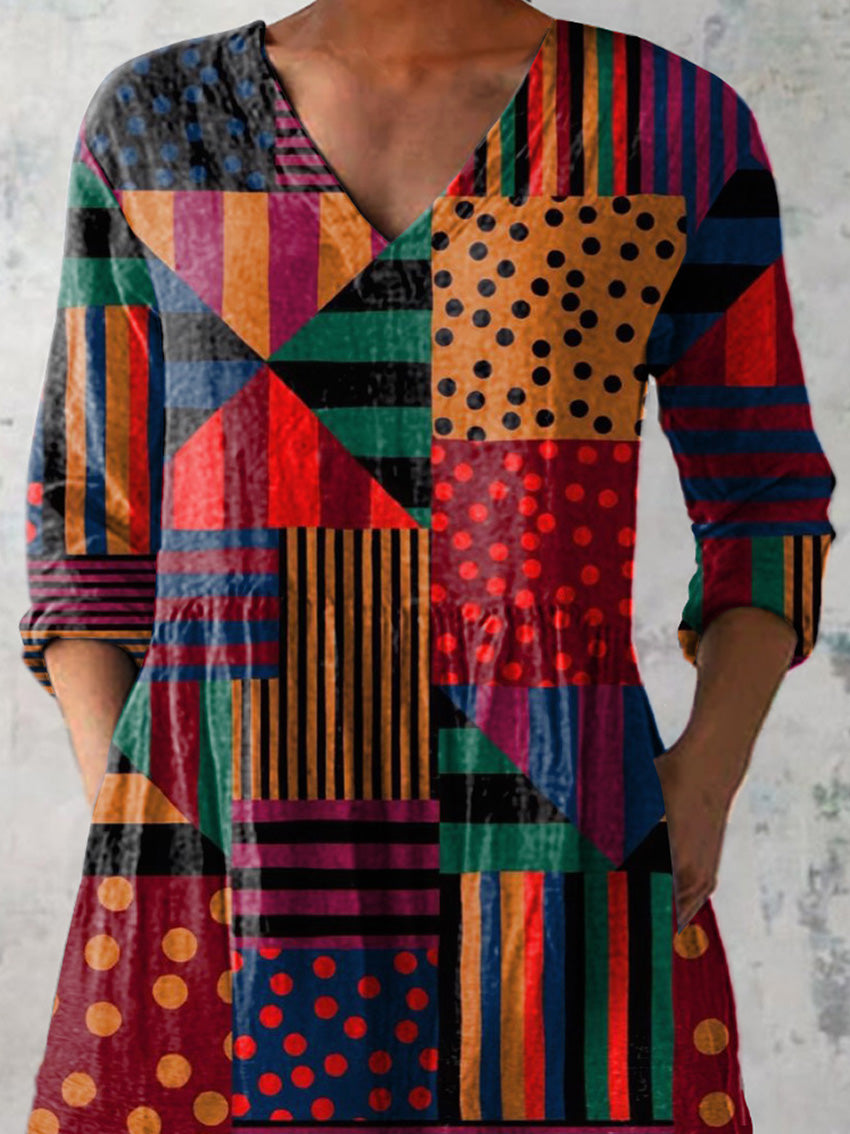 Multicolor Geometric Pattern Printed Women's Casual Linen V-Neck Shirt