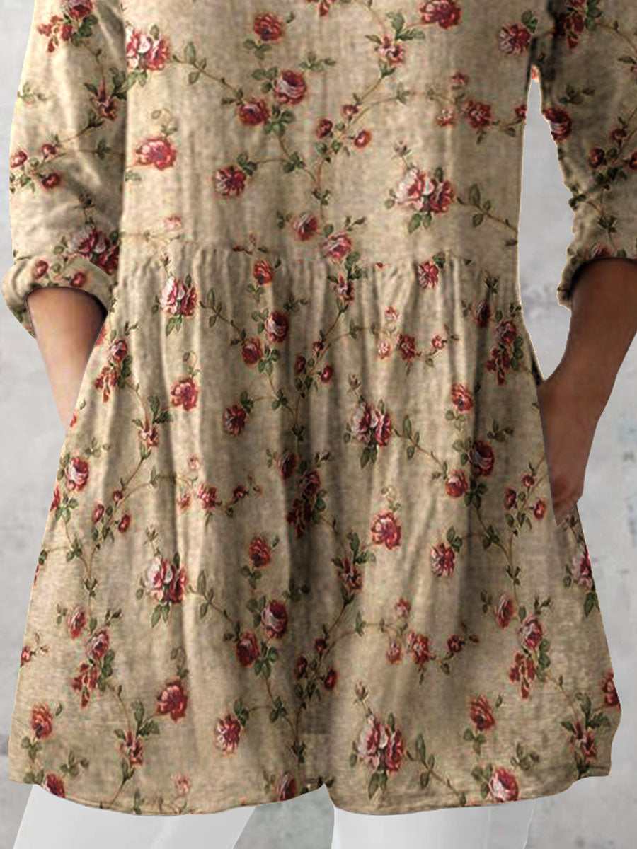 Women's Retro Floral Art Print Casual Cotton And Linen V-neck Top