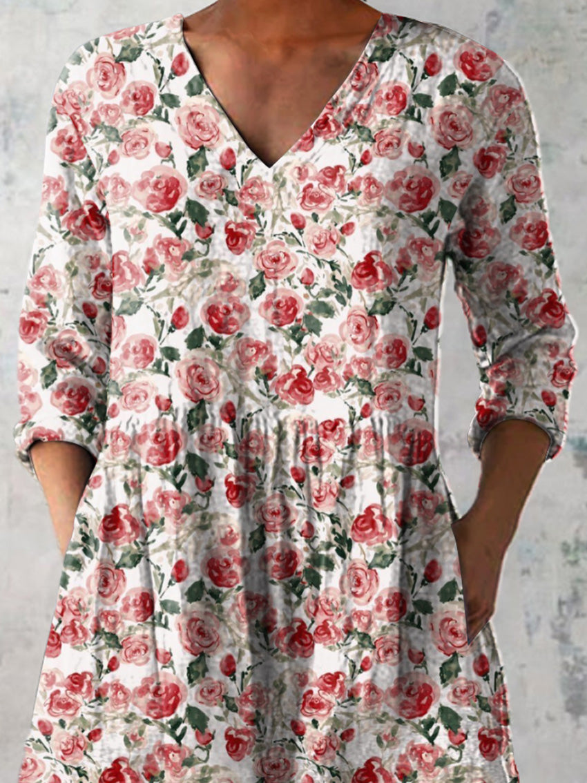 Watercolor French Rose Pattern Printed Women's Casual Linen V-Neck Shirt