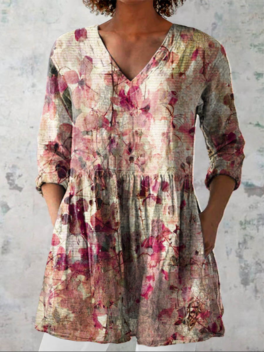 Women's Vintage Floral Art Print Casual Cotton Linen V-neck Shirt