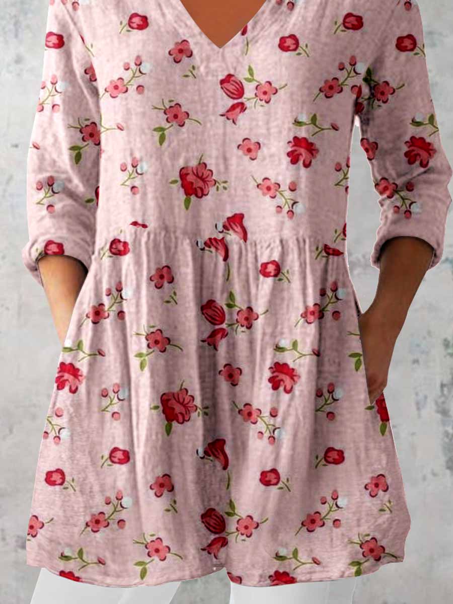 Women's Elegant Floral Print V-Neck Cotton and Linen Top