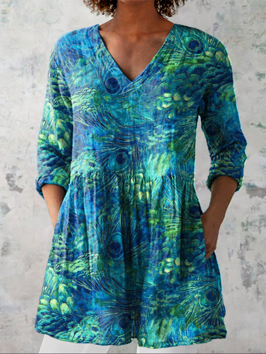 Women's Lovely Peacock Feather Pattern Art Print Casual Cotton Linen V-neck Shirt