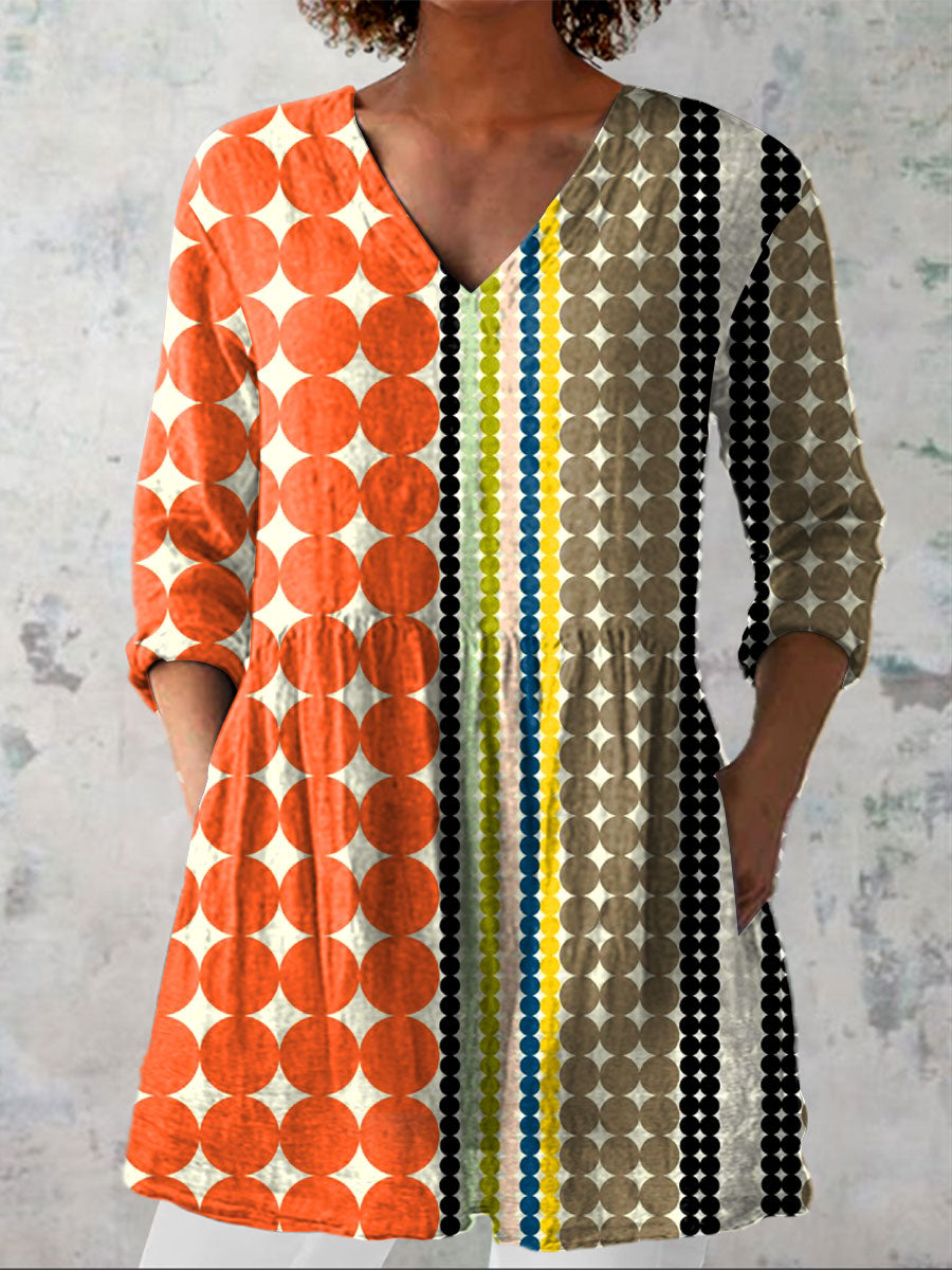 Women's Boho Vintage Art Print Casual Linen V-neck Shirt