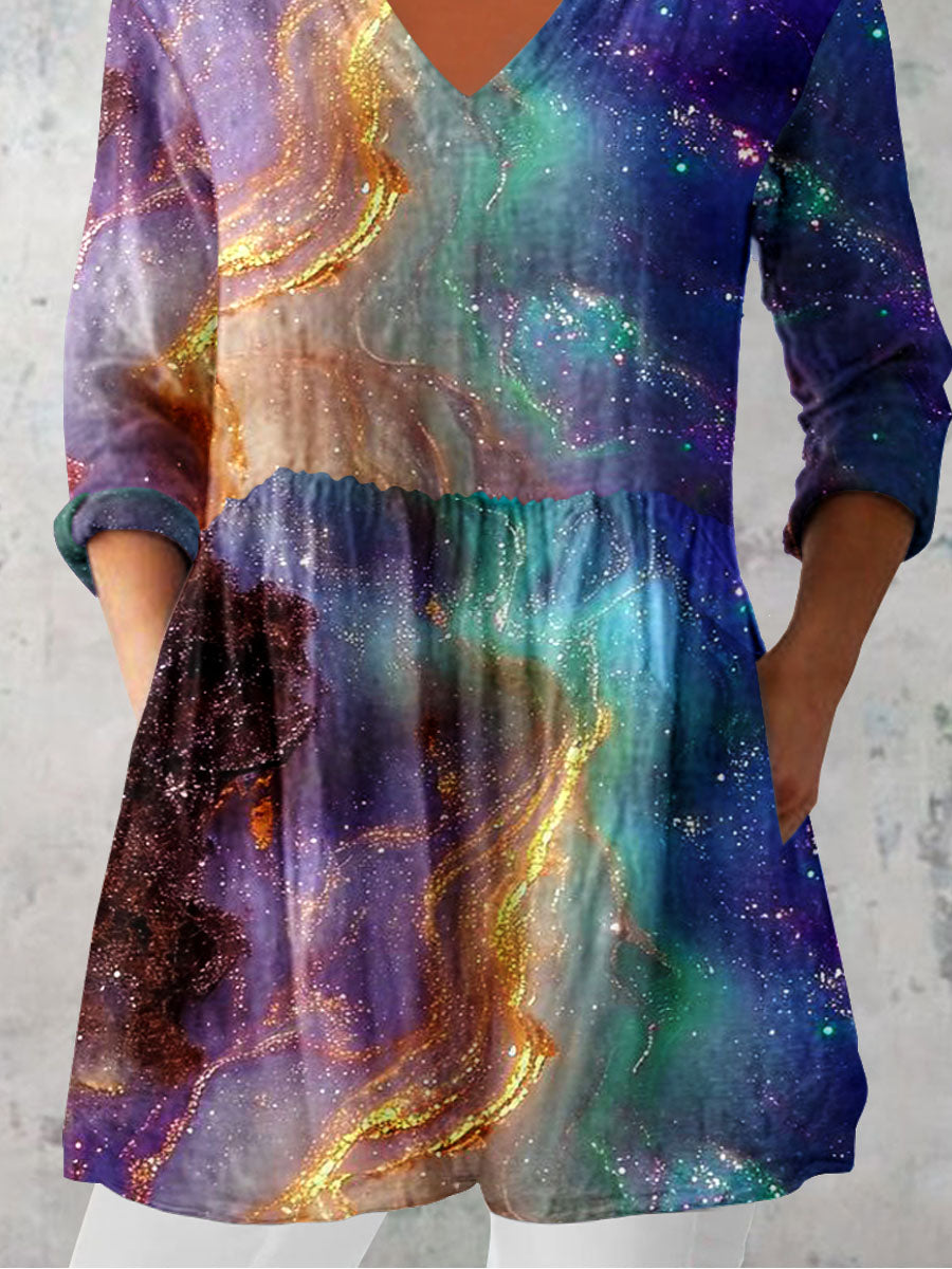 Women's Artistic Colorful Starry Sky Pattern Cotton and Linen Top