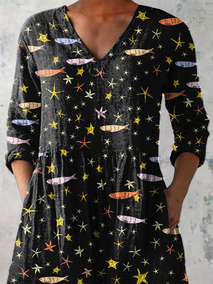 Lovely Sardine Fish Pattern Printed Women's Casual Linen V-Neck Shirt