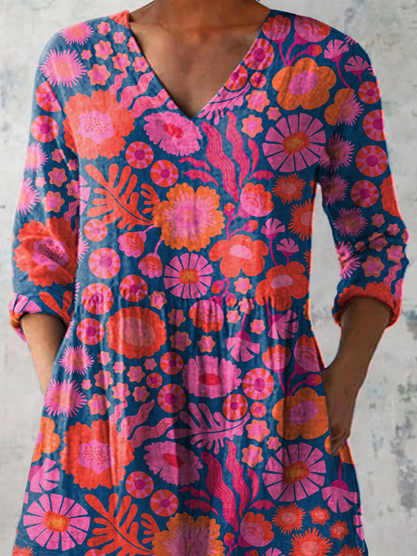 Lovely Summer Floral Pattern Printed Women's Casual Linen V-Neck Shirt