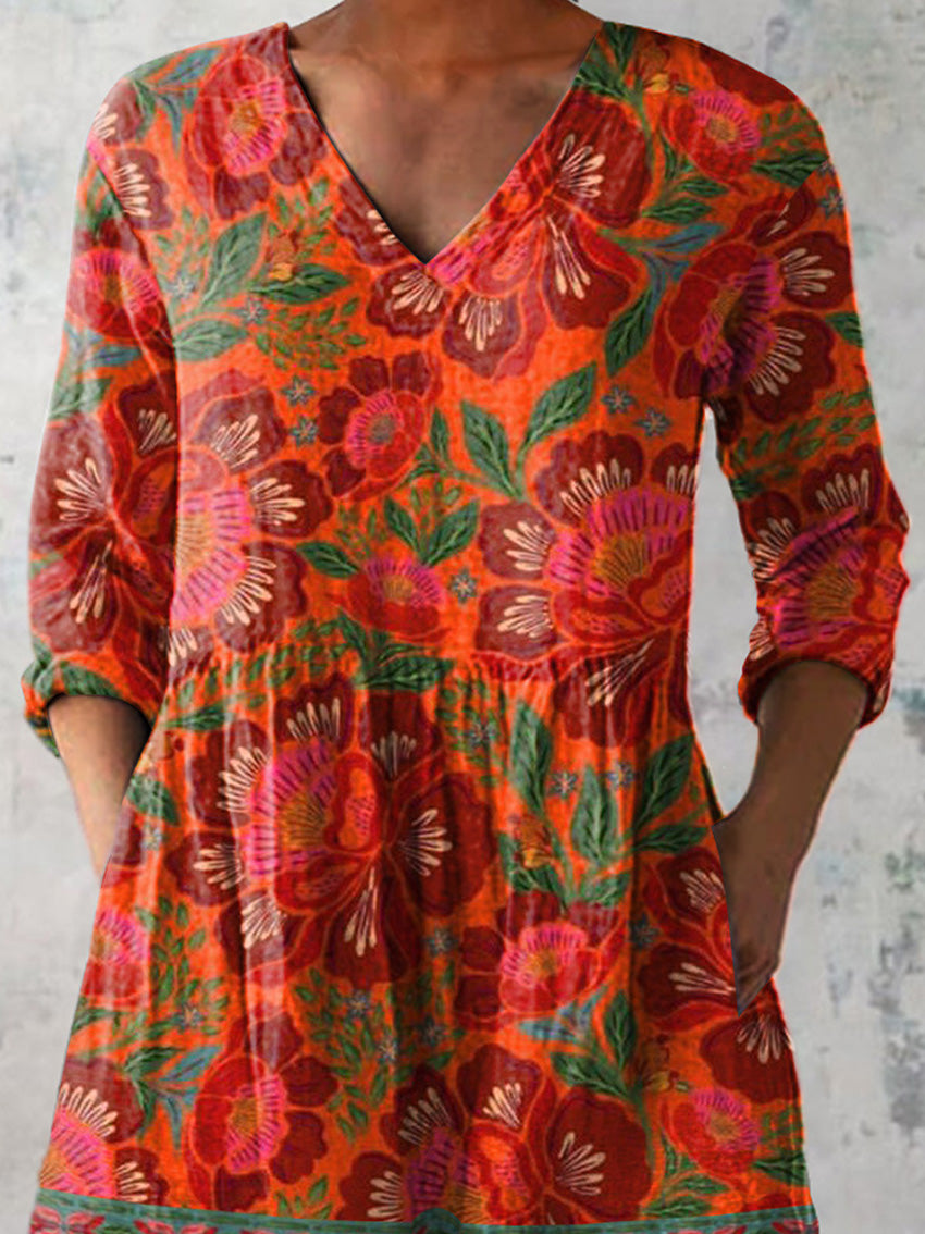 Ethnic Style Summer Floral Pattern Printed Women's Casual Linen V-Neck Shirt
