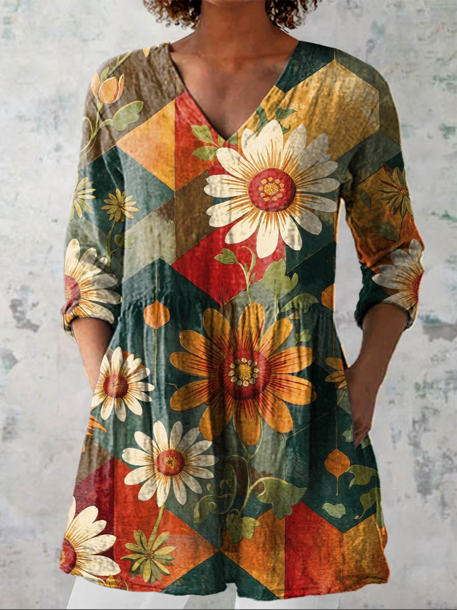 Women's Vintage Lovely Floral Art Print Casual Linen V-neck Shirt