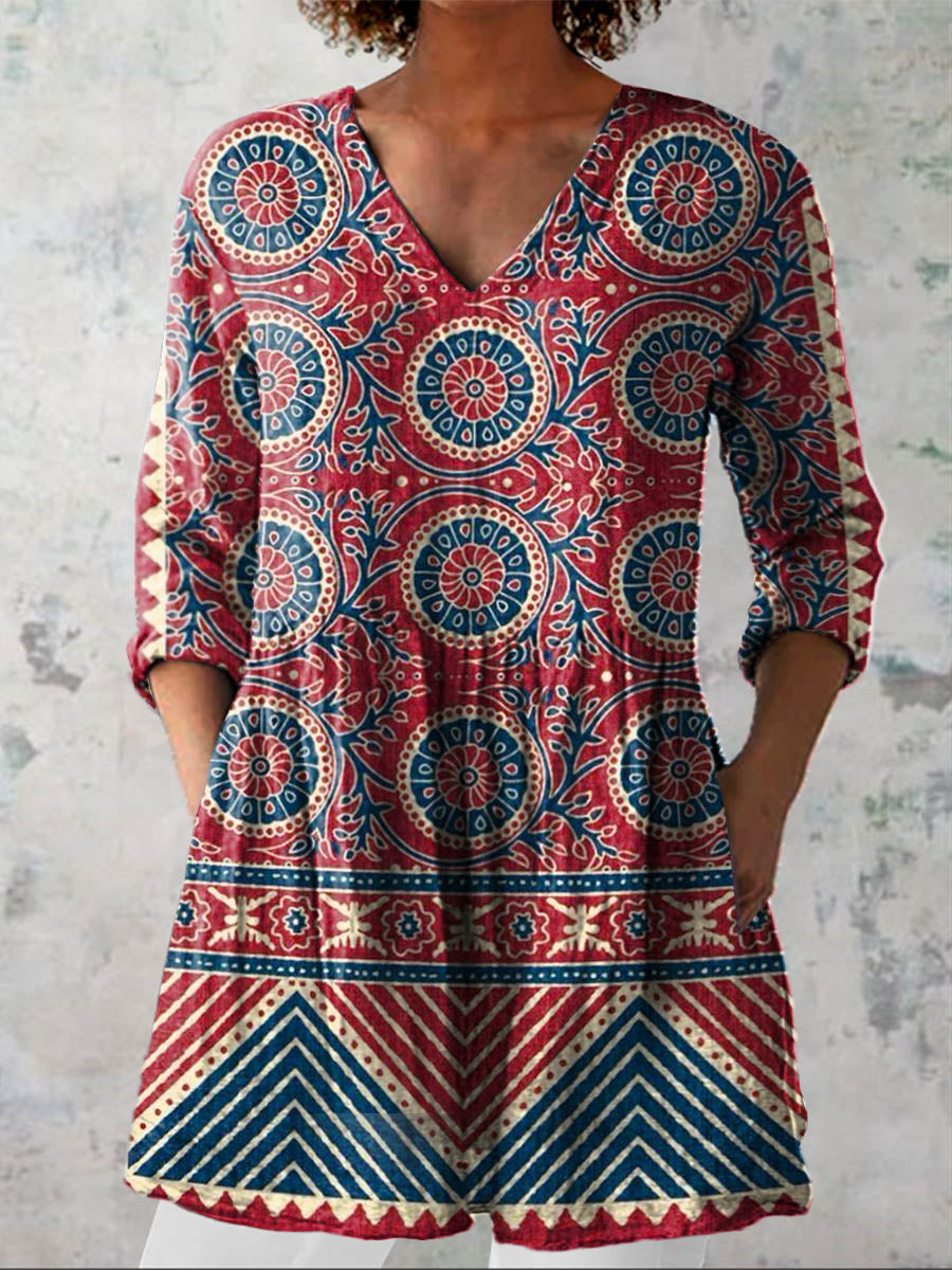 Women's Vintage Ethnic Floral Art Print Casual Cotton Linen V-neck Shirt