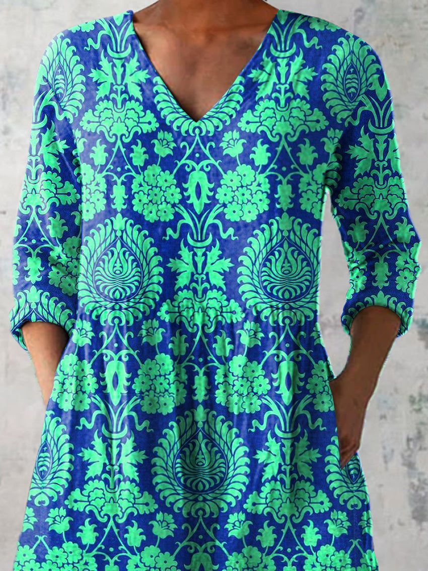 Vibrant Summer Ethnic Pattern Printed Women's Casual Linen V-Neck Shirt