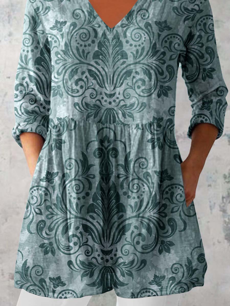 Women's Elegant Floral Print Doll Neck Cotton and Linen Top