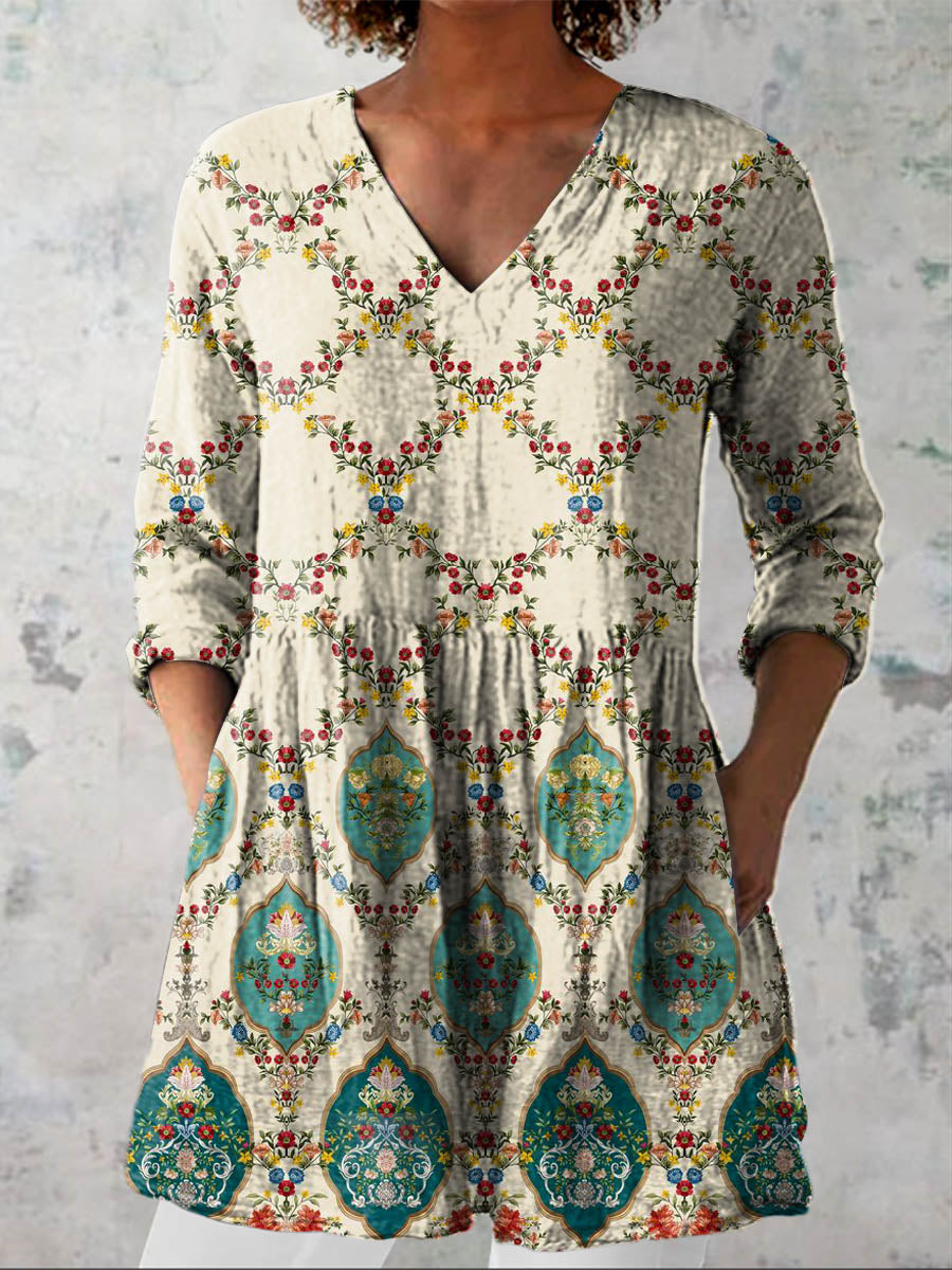Women's Vintage Lovely Floral Art Print Casual Linen V-neck Shirt