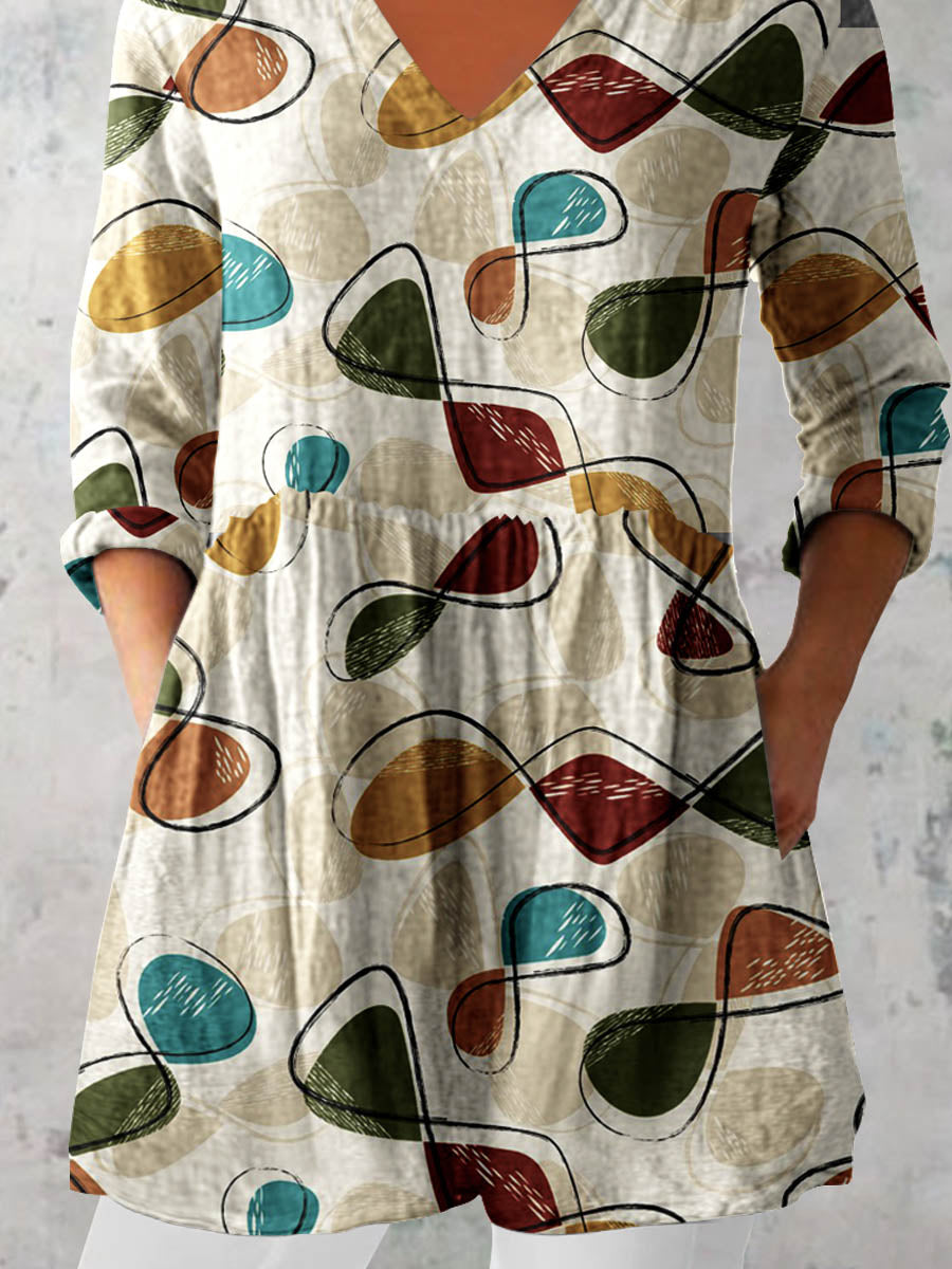 Women's Art Geometric Print V-Neck Cotton and Linen Top