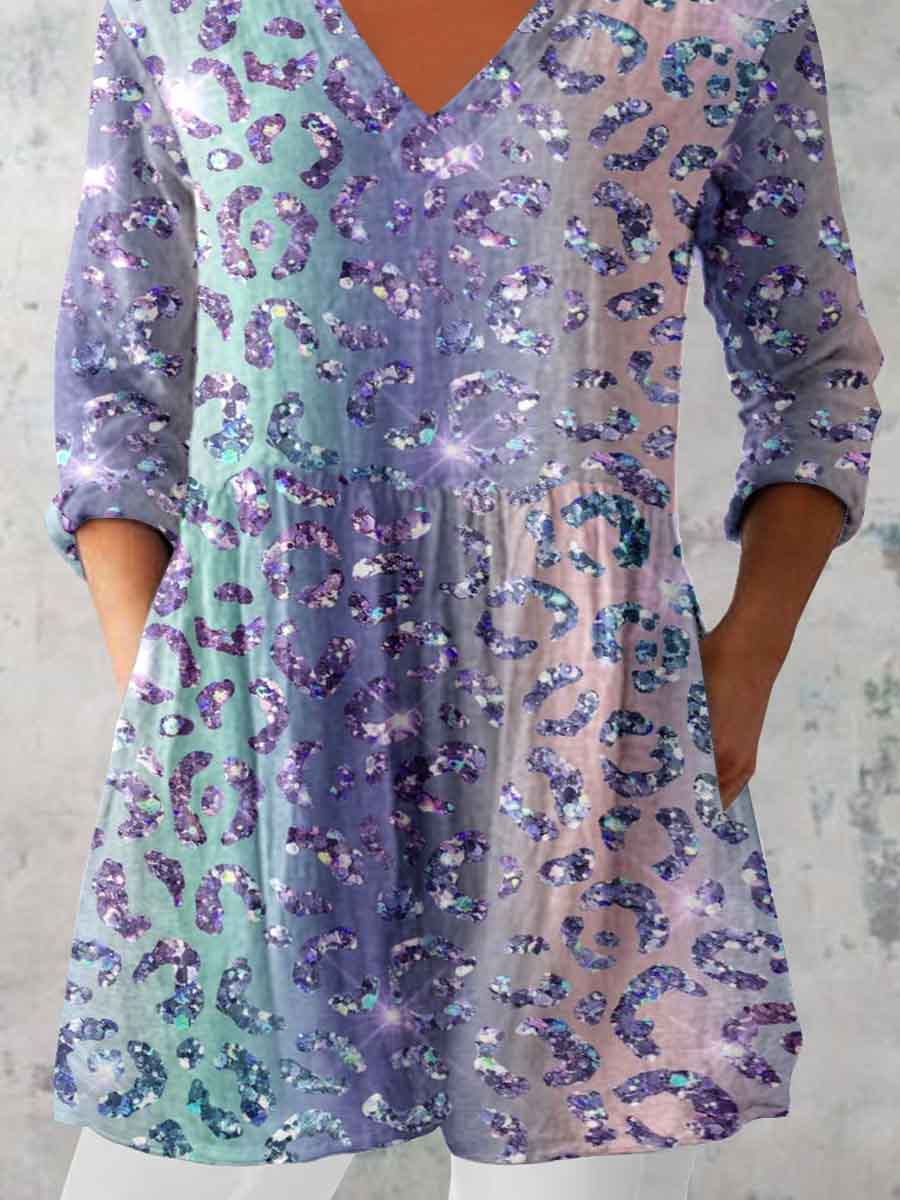 Women's Gradient Leopard Print Cotton and Linen Top