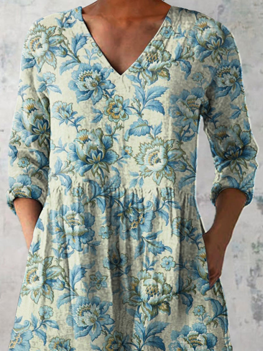 Vintage Spring Garden Floral Pattern Printed Women's Casual Linen V-Neck Shirt