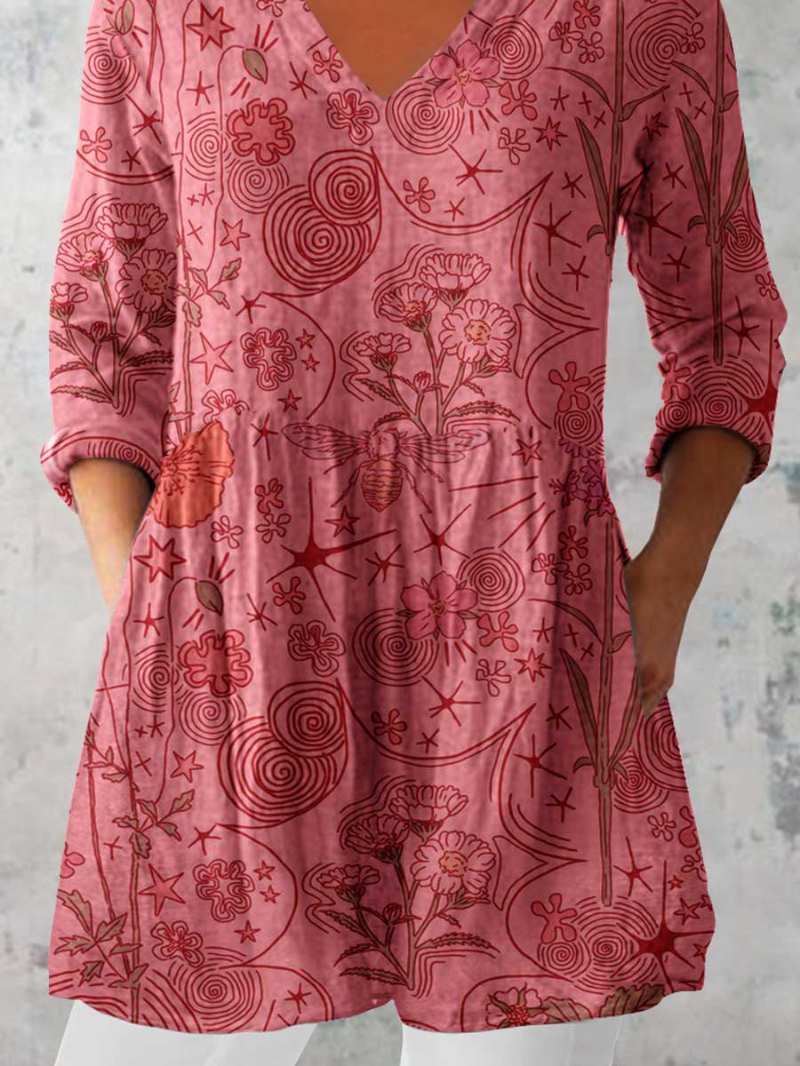 Women's Elegant Floral Pattern Cotton and Linen Top