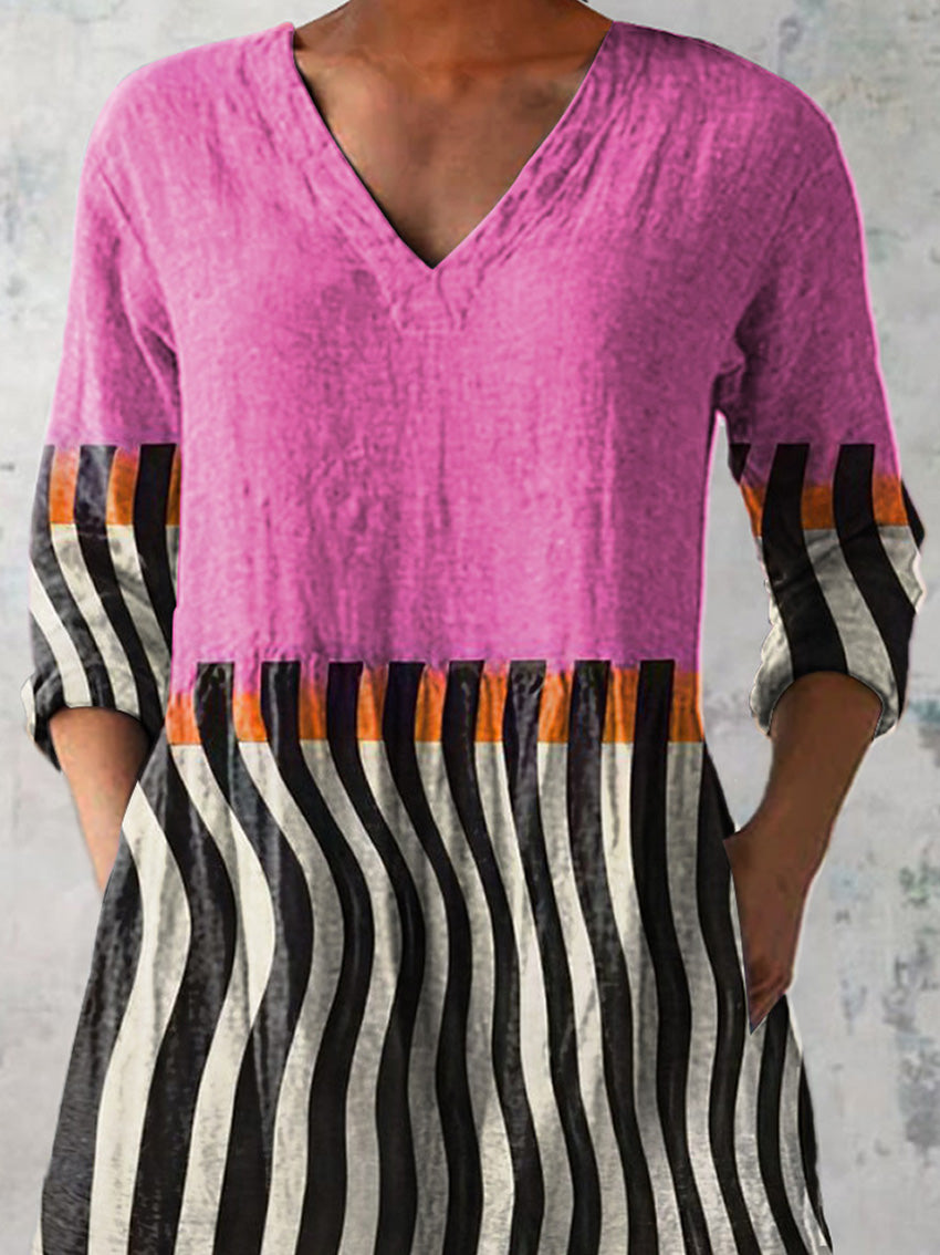 Colorful Geometric Pattern Printed Women's Casual Linen V-Neck Shirt