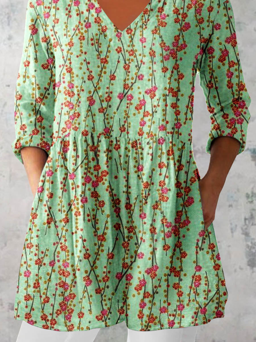 Women's Elegant Floral Pattern Cotton and Linen Top