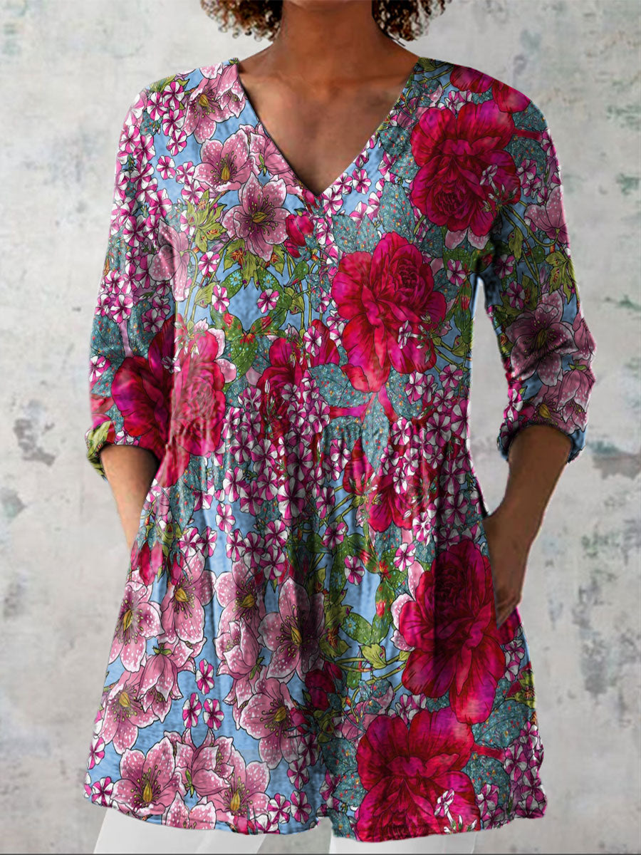 Women's Vintage Flower Art Print Casual Linen V-neck Shirt