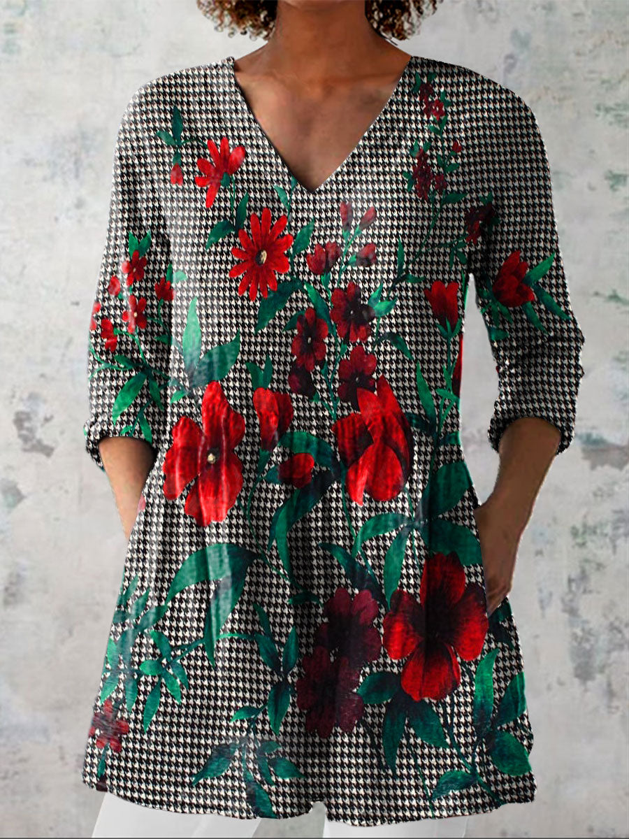 Women's Colorful Flower Art Print Casual Linen V-neck Shirt