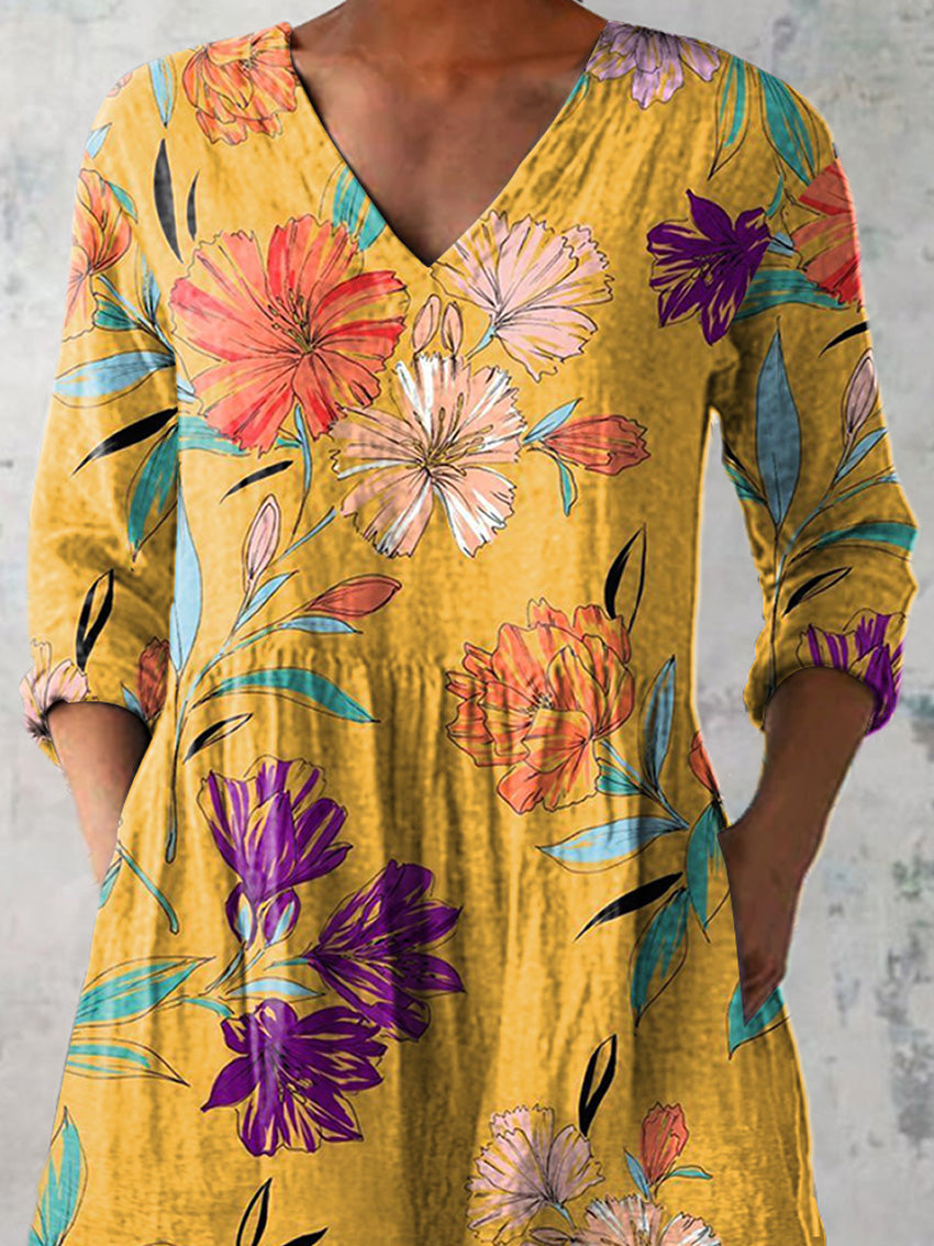 Hand Drawing Summer Floral Pattern Printed Women's Casual Linen V-Neck Shirt