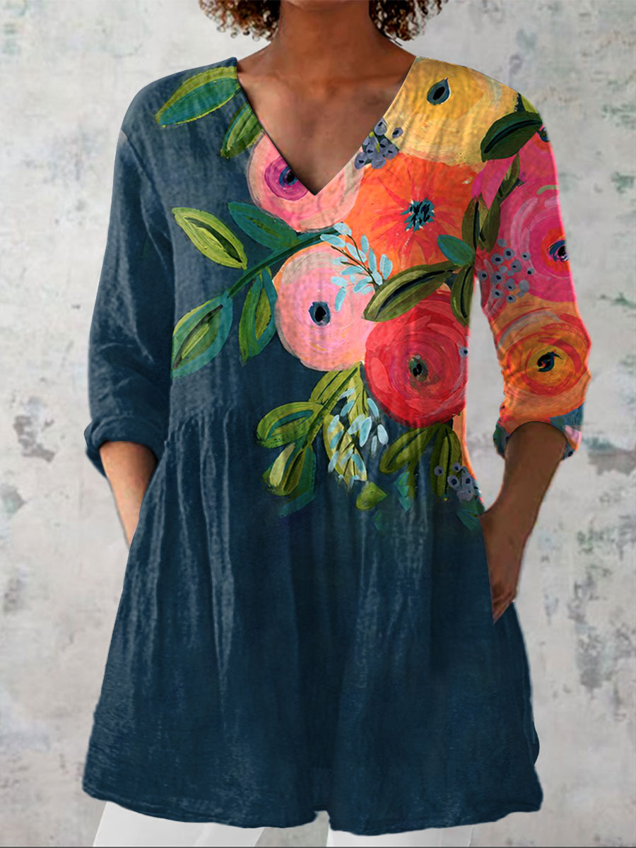 Women's Vintage Floral Print Casual Linen V-neck Shirt