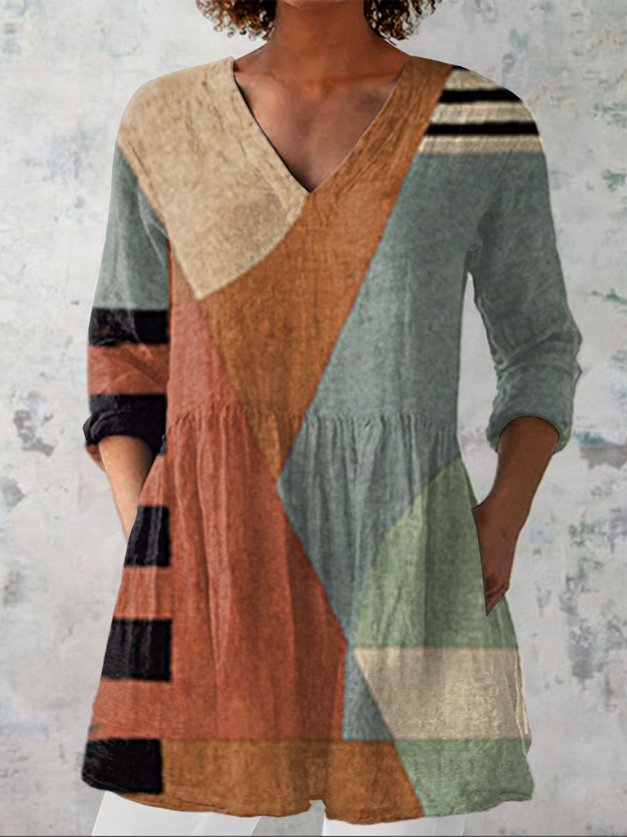 Women's Vintage Floral Art Print Casual Linen V-neck Shirt