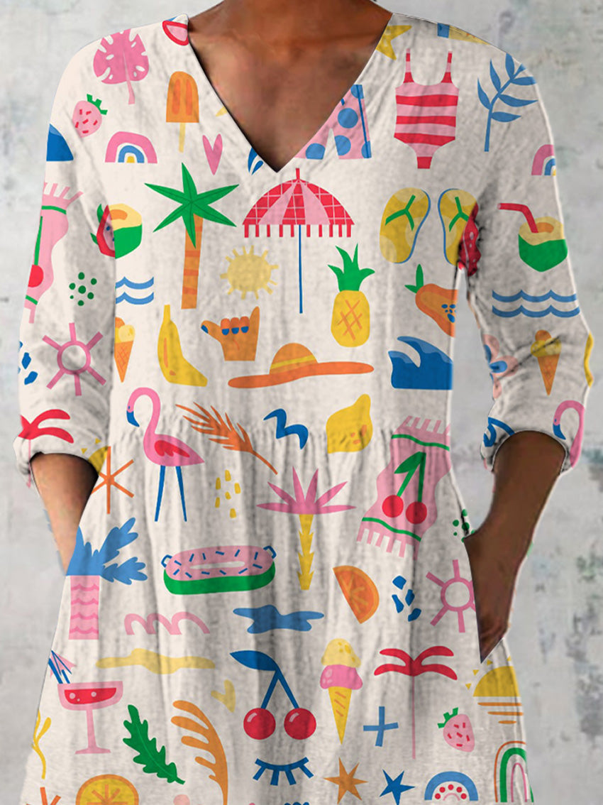 Lovely Summer Vacation Pattern Printed Women's Casual Linen V-Neck Shirt