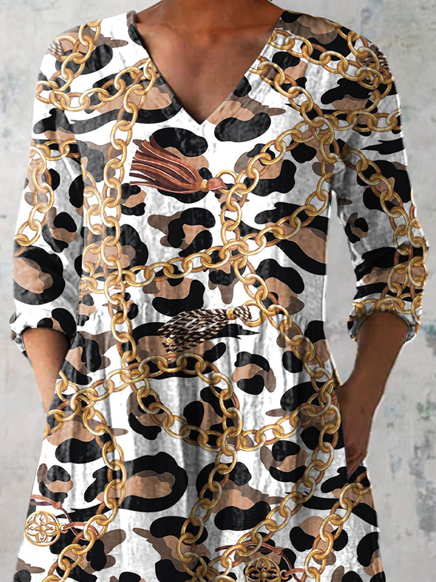 Stylish Gold Chain And Leopard Print Pattern Printed Women's Casual Linen V-Neck Shirt