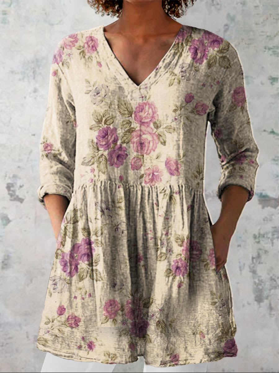 Women's Vintage Lovely Floral Art Print Casual Cotton Linen V-neck Shirt