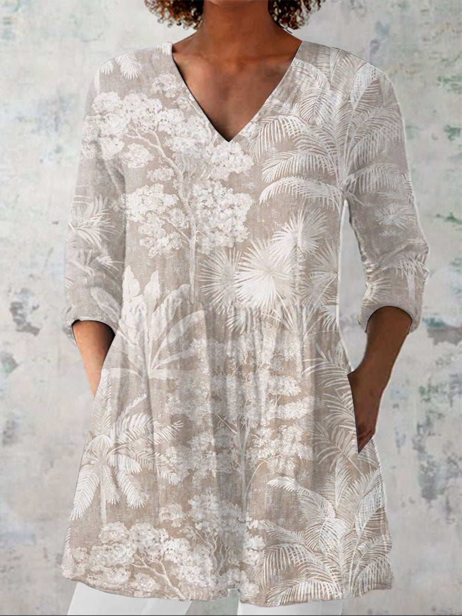 Women's Vintage Floral Art Prin Casual Linen V-neck Shirt