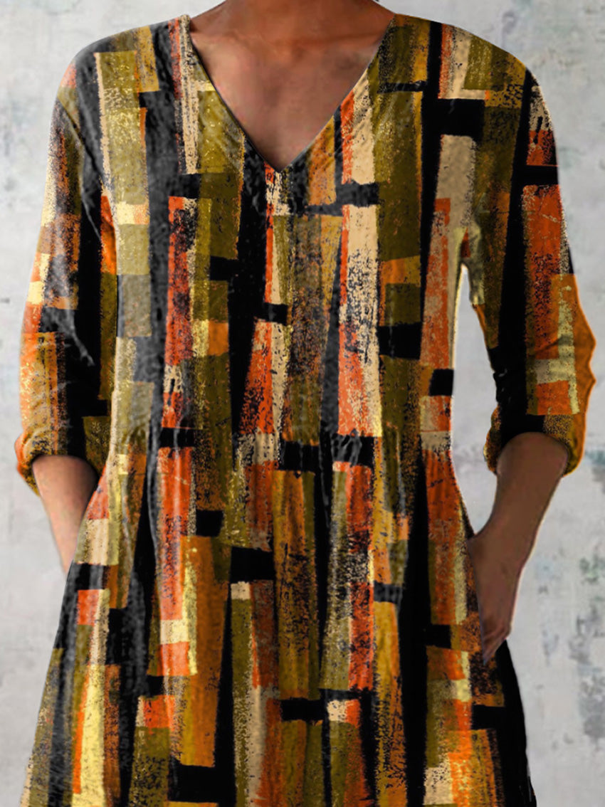 Abstract Tribal Pattern Printed Women's Casual Linen V-Neck Shirt