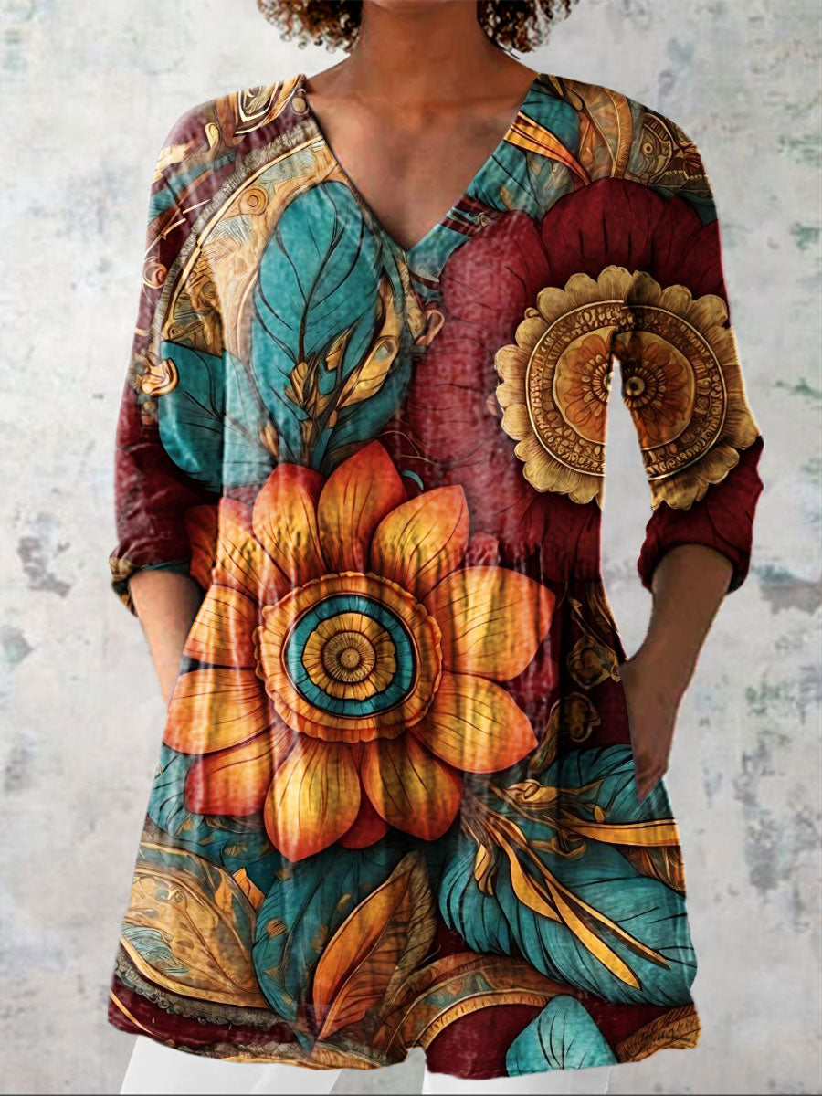 Women's Vintage Flowers Art Print Casual Linen V-neck Shirt